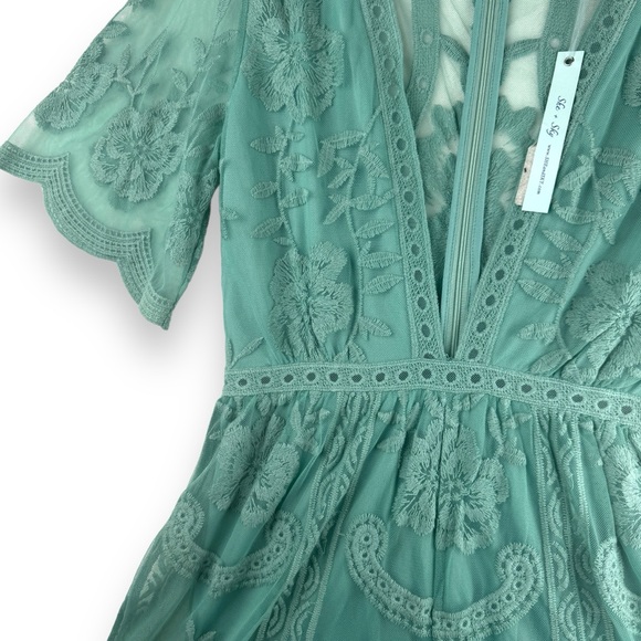 She + Sky Romantic crochet Lace Romper large green fairy cottage coquette nwt - Picture 7 of 10